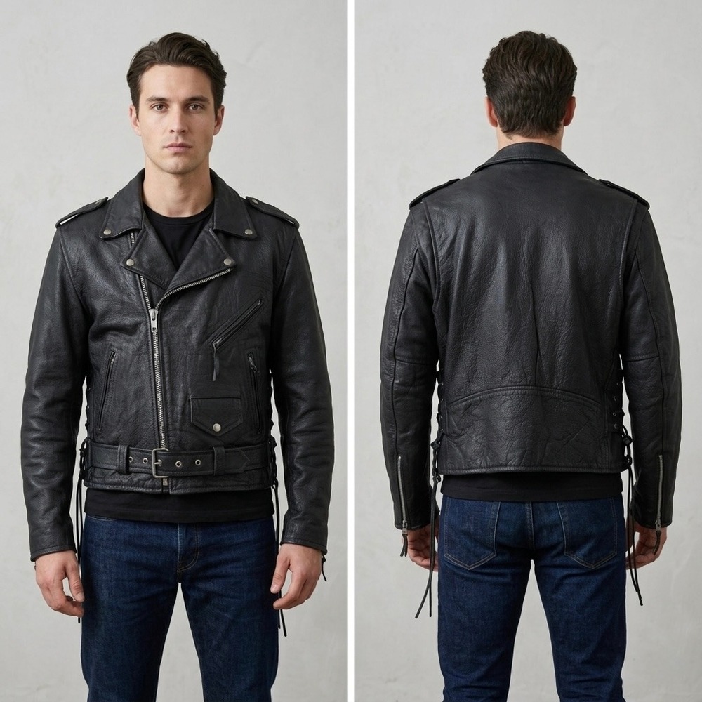 First Genuine Leather Motorcycle Jacket Mens 42 Black Side Lace Double Rider Vtg